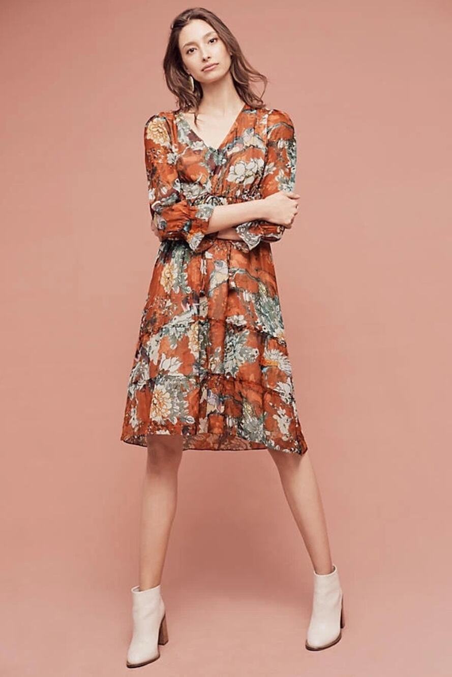 Hemant and Nandita Zeri Floral Peasant Dress | Rust Bird Anthropologie | Sz 0